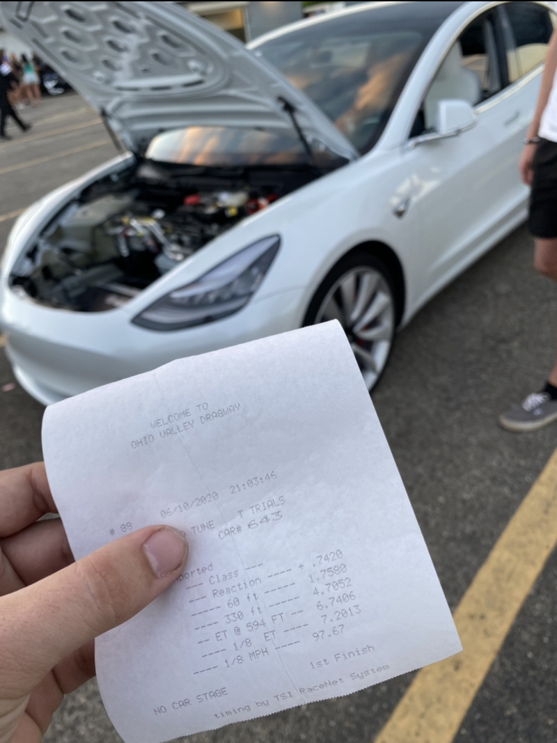 2019 White Tesla Model 3 Performance Timeslip Scan