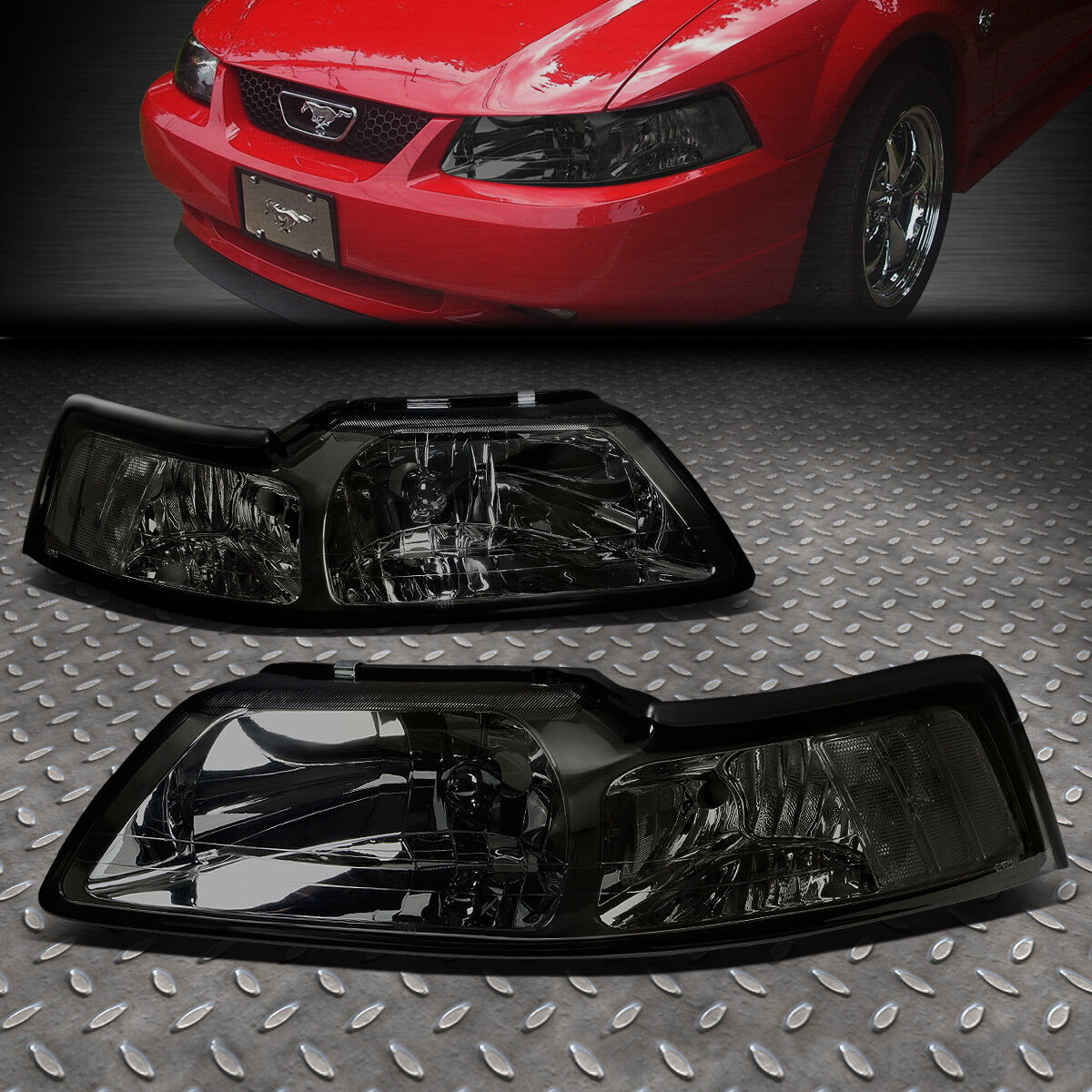 FOR 99-04 FORD MUSTANG SMOKED HOUSING CLEAR CORNER HEADLIGHT REPLACEMENT LAMPS