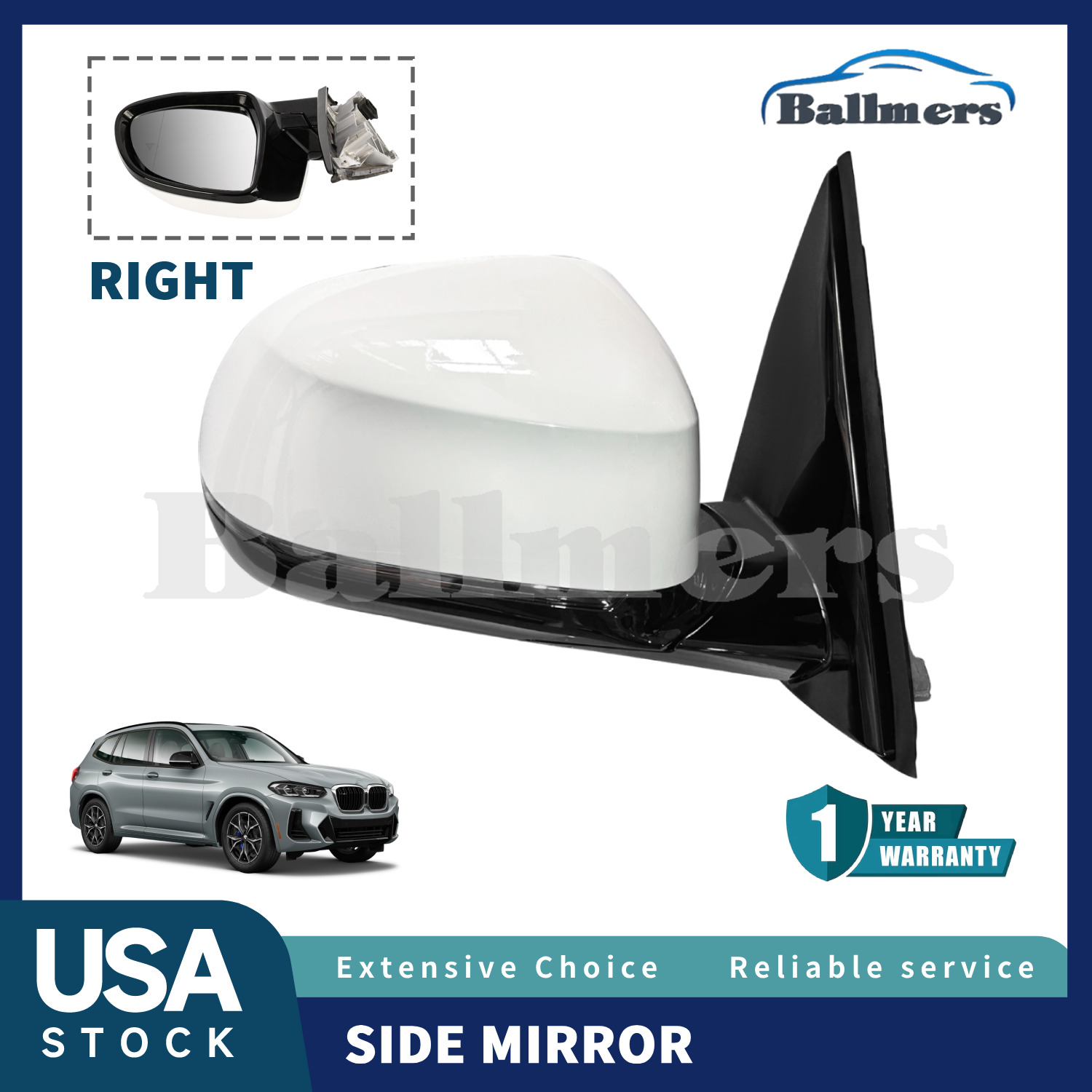 White Right Side Mirror Passenger W/ Blind Spot FOR BMW X3 2.0L 3.0L 2018-2023