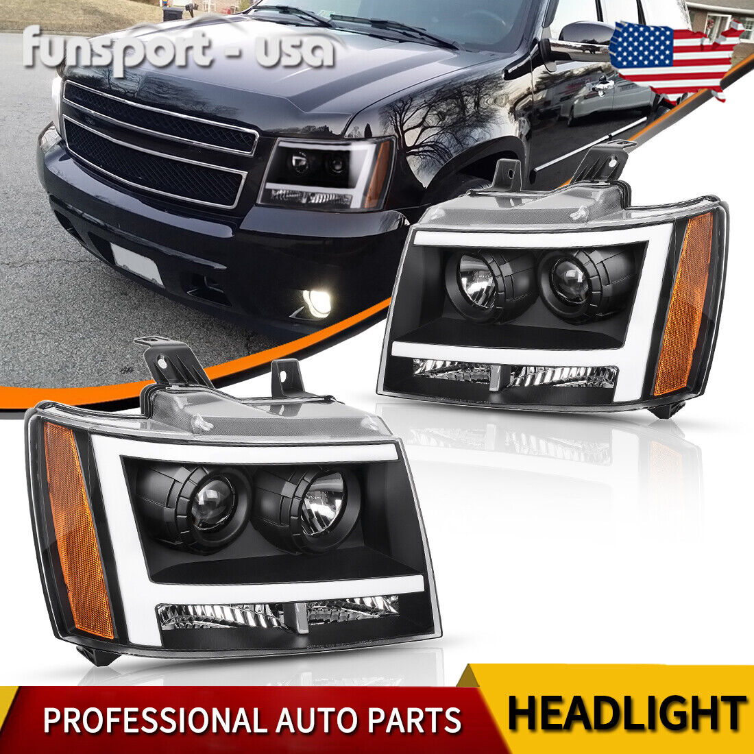 LED TUBE DRL Projector Headlights For 07-14 Chevrolet Avalanche Suburban Tahoe