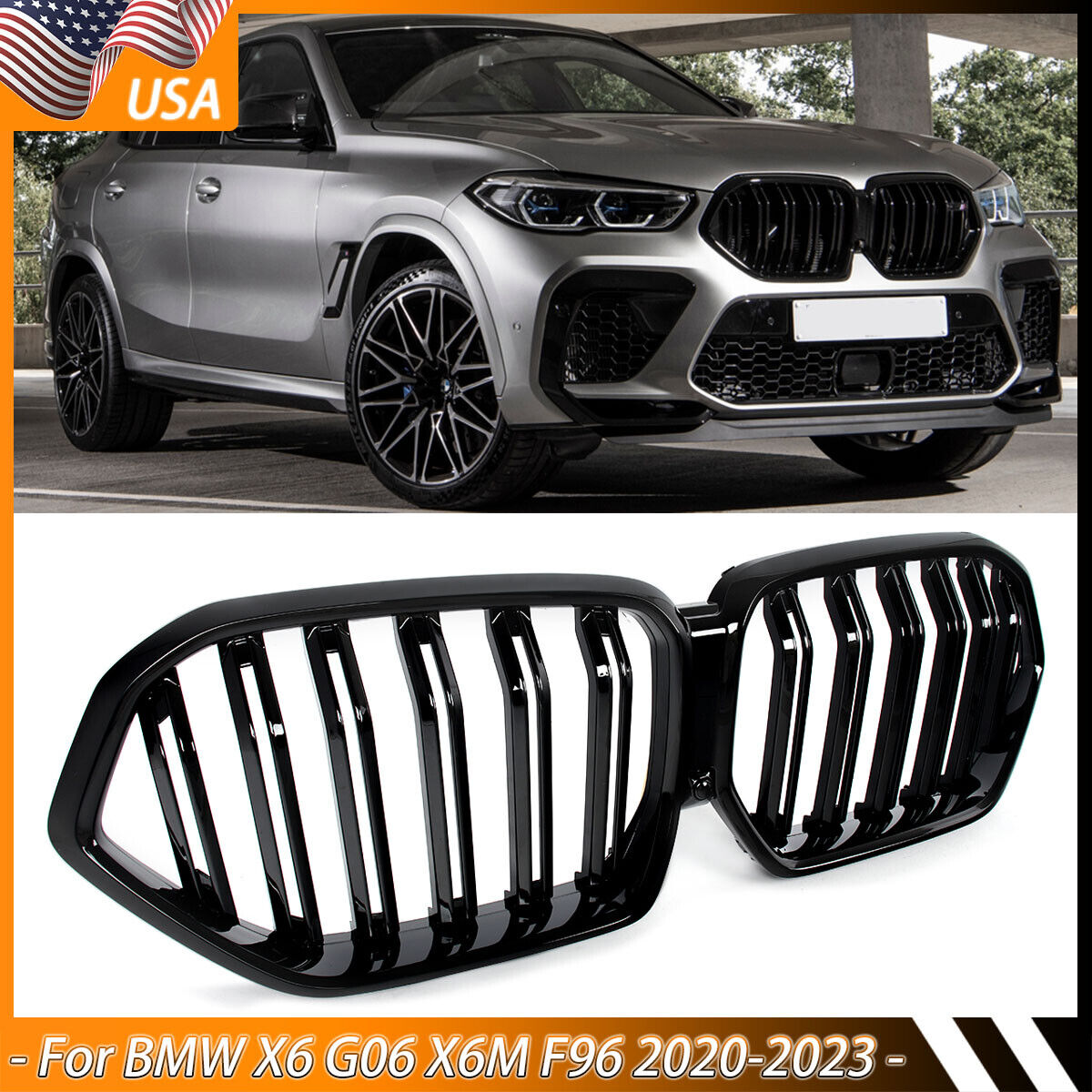 For BMW X6 G06 X6M F96 2020-2023 Gloss Black Daul Slat Front Kidney Grill Grille