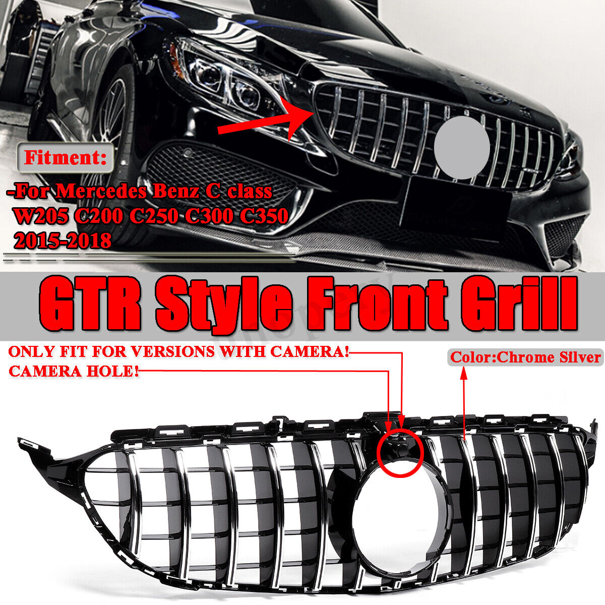 GT R Style Grille For Mercedes Benz W205 AMG C300 C350 C-Class 2015-18 W/ Camera