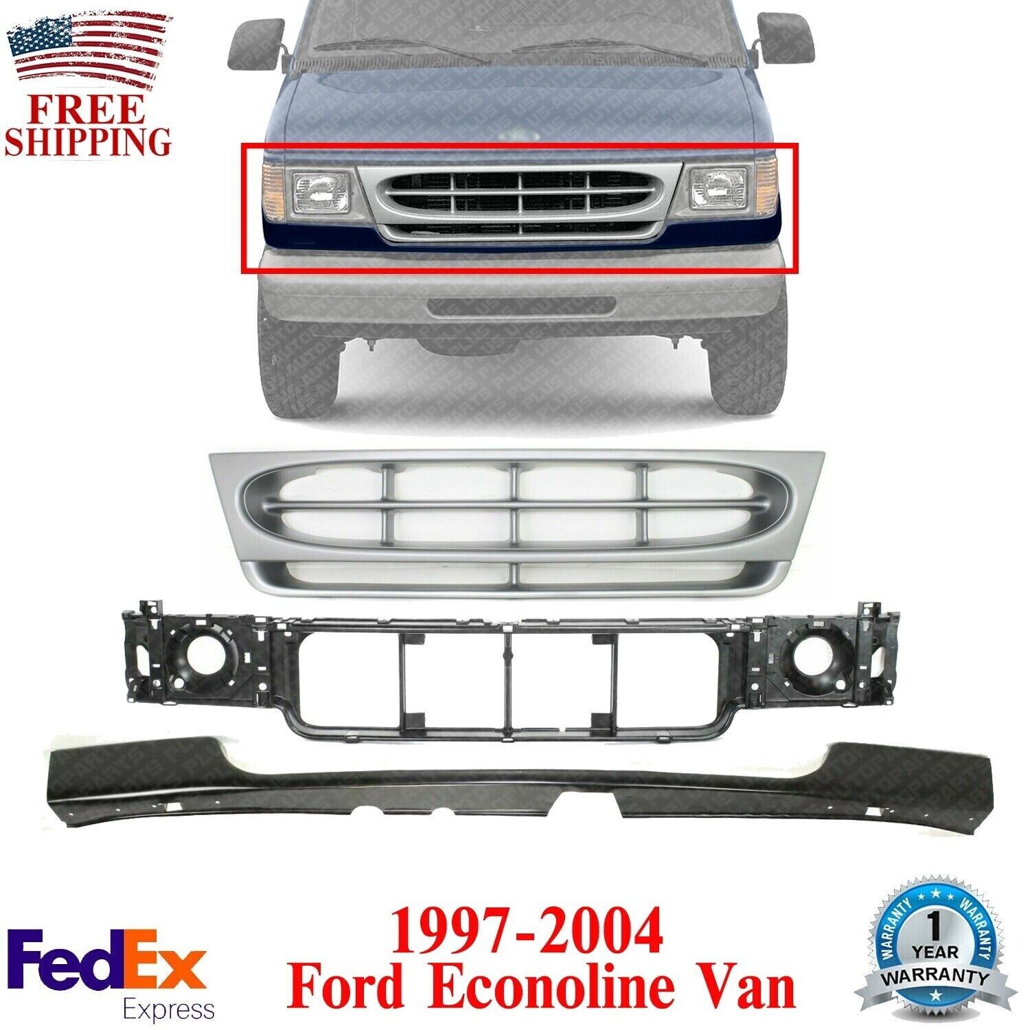 Front Grille Assembly + Header Panel + Filler For 1997-2004 Ford Econoline Van