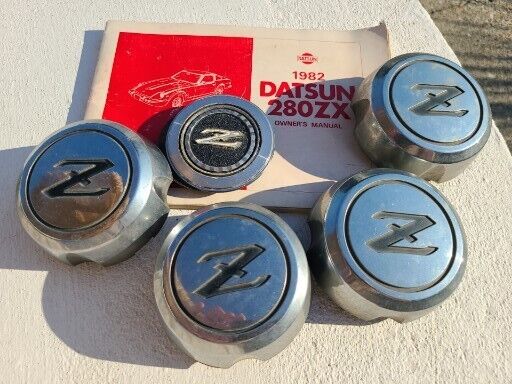 Vintage 1982 Datsun 280ZX Wheel Center Caps Set 4 + Owners Manual Hood Ornament 