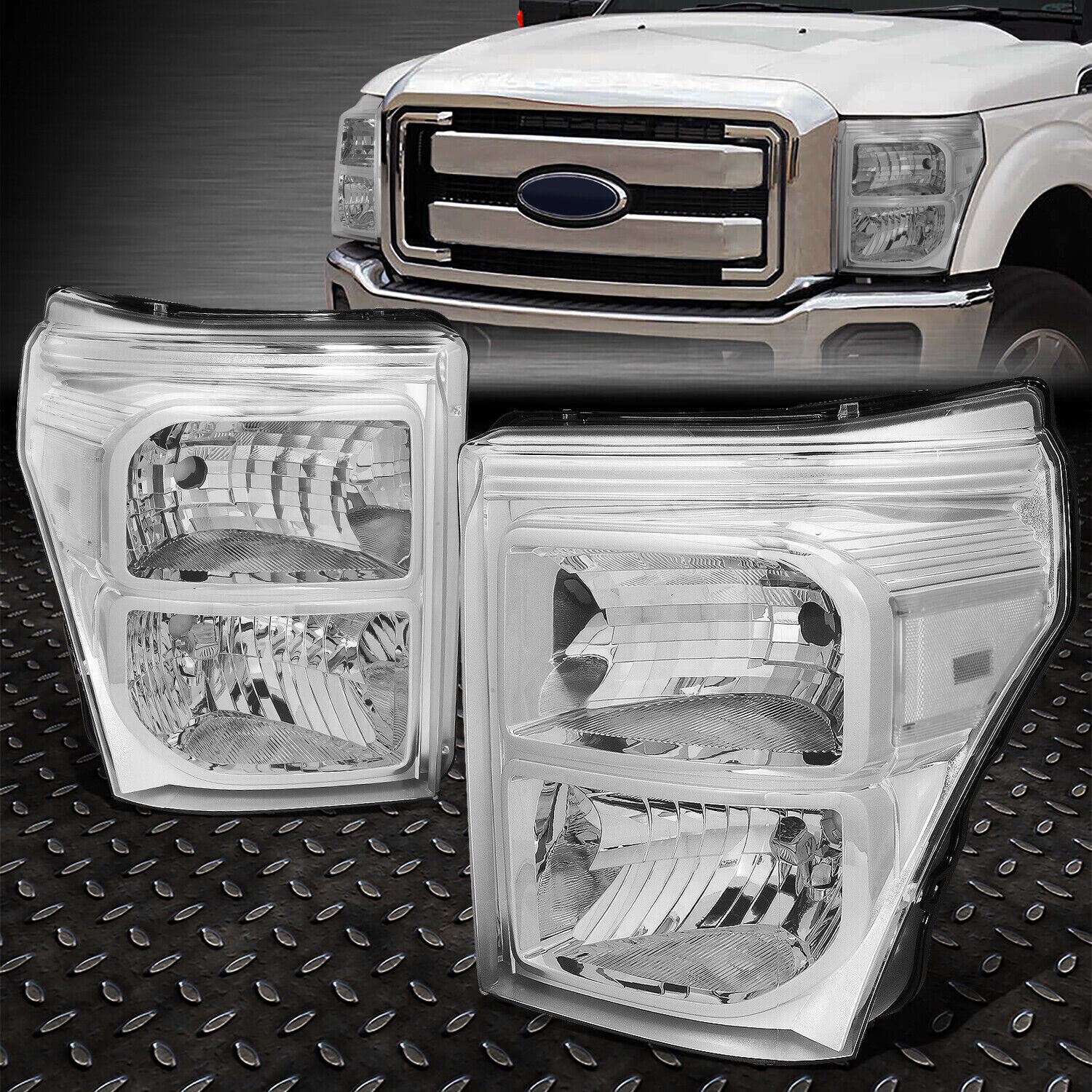 FOR 11-16 FORD F250 F350 SUPER DUTY CHROME HOUSING CLEAR CORNER HEADLIGHT LAMPS