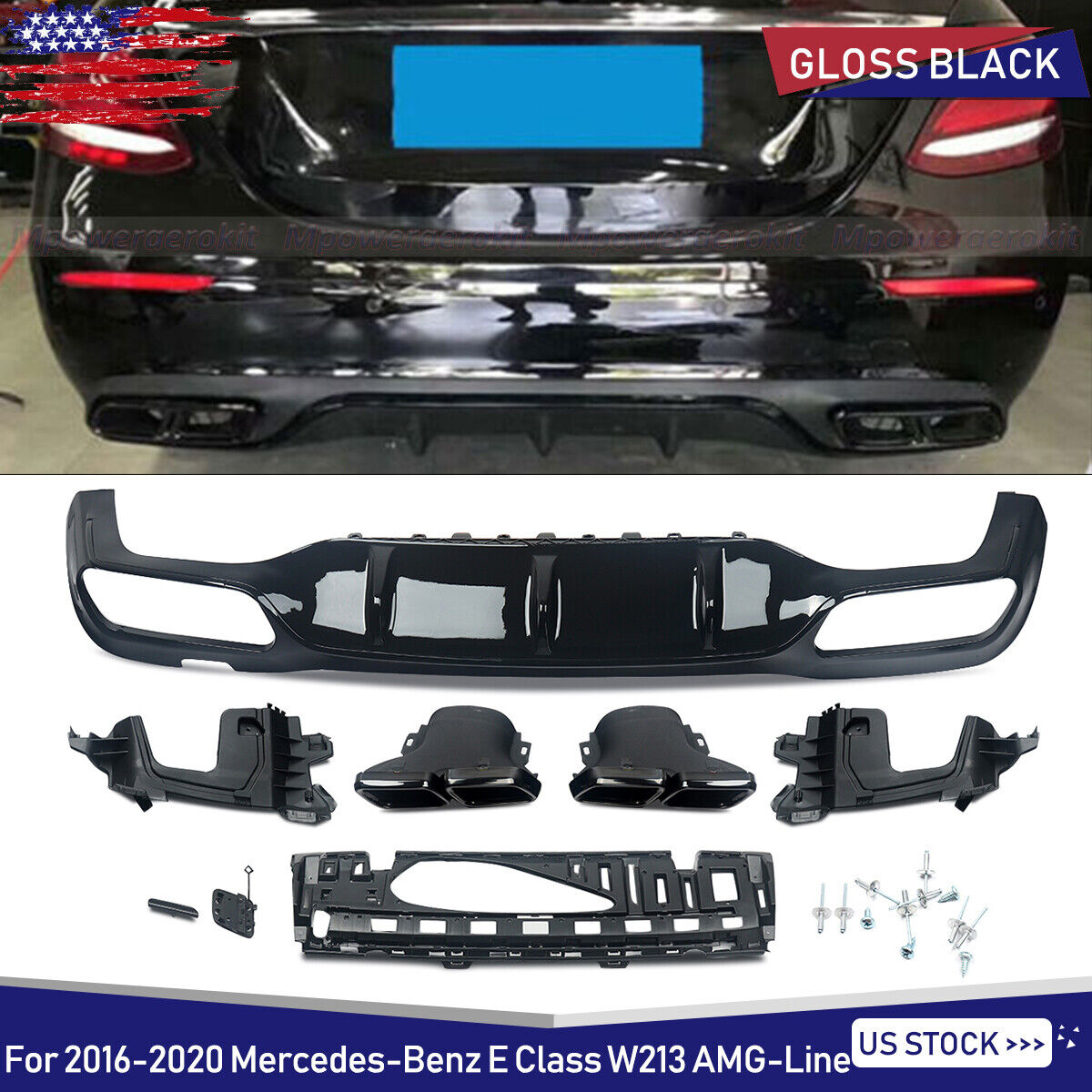 For 16-2020 Mercedes W213 AMG E63 Style Rear Diffuser + Exhaust Tips Gloss Black