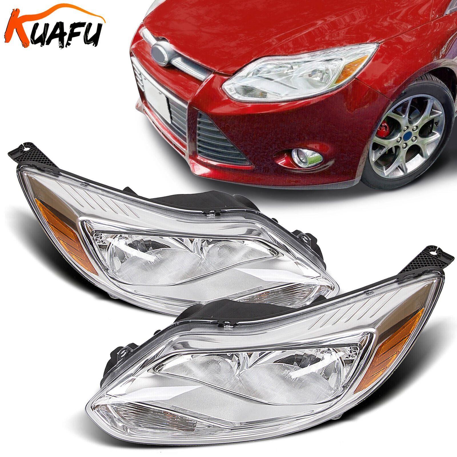 Fits 2012 2013 2014 Ford Focus Chrome Headlights HeadLamps Assembly Left&Right