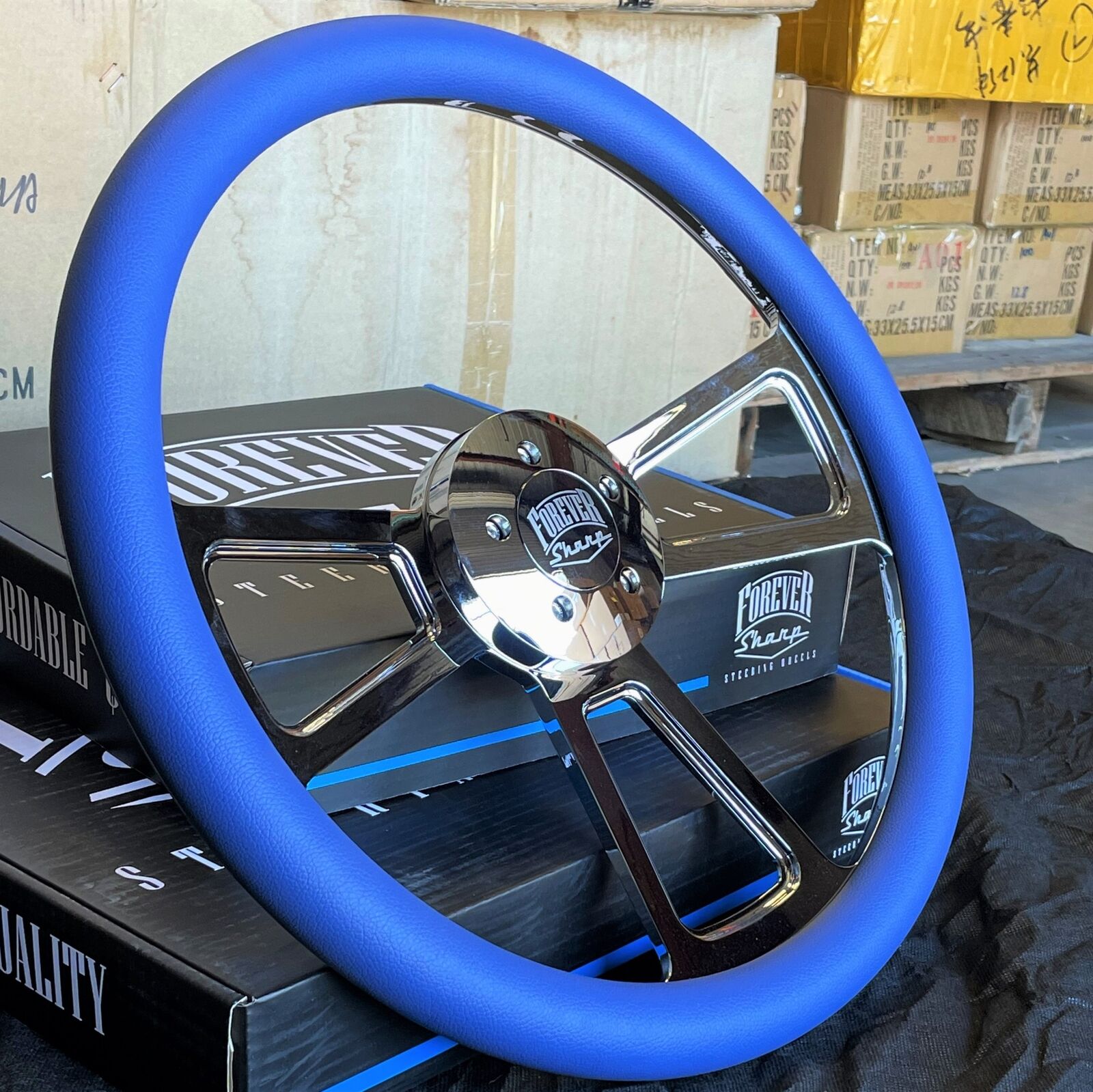 18 Inch Aluminum Semi Truck Steering Wheel with Sky Blue Vinyl Grip - 5 Hole