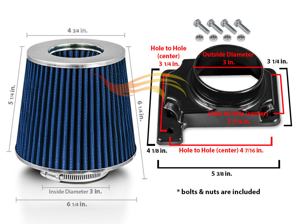 BLUE Cone Dry Filter + AIR INTAKE MAF Adapter Kit For 97-01 Mitsu Mirage 1.8L
