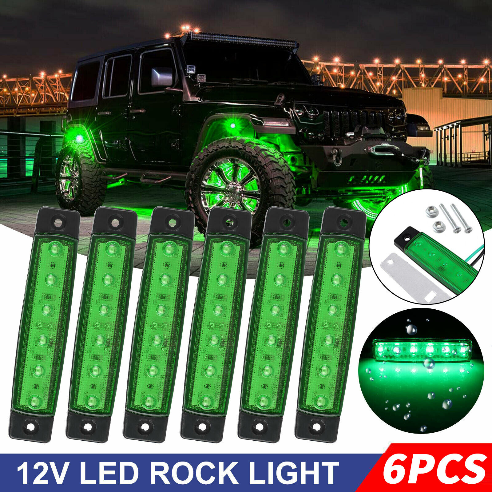 6 Green LED Pods Rock Lights Underbody Wheel For Jeep Offroad Truck UTV ATV Boat