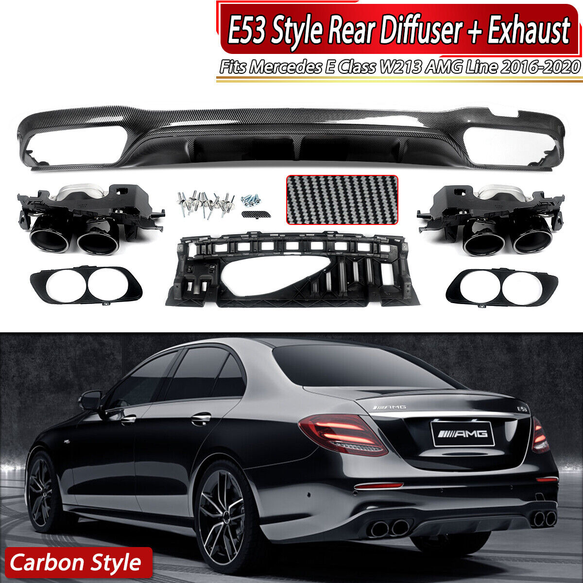 Carbon Look AMG E53 Look Rear Diffuser &Exhaust Tips For Mercedes W213 E300 E400