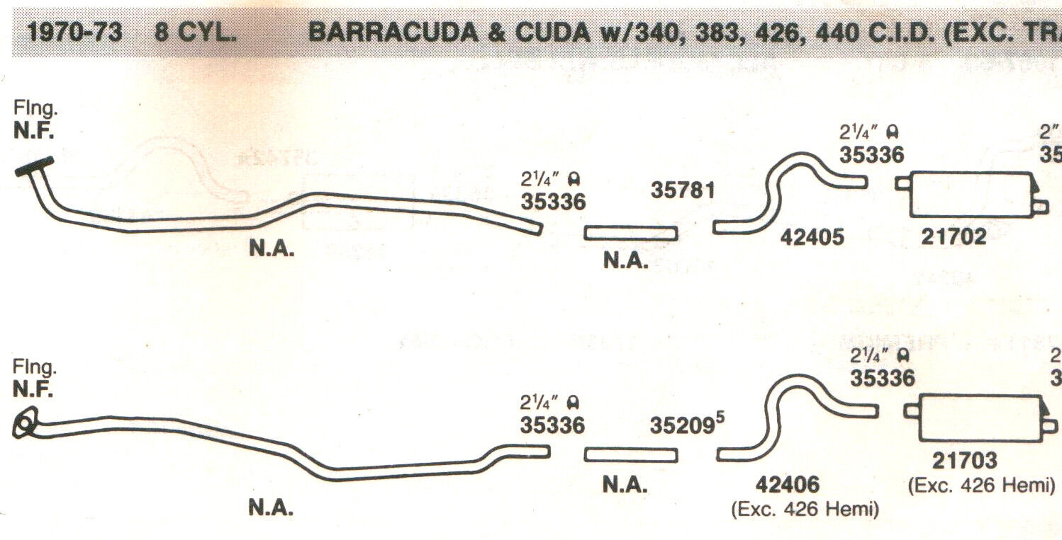1971-1974 BARRACUDA & CUDA EXHAUST, 340 & 360 ENGINES, WITH RESONATORS