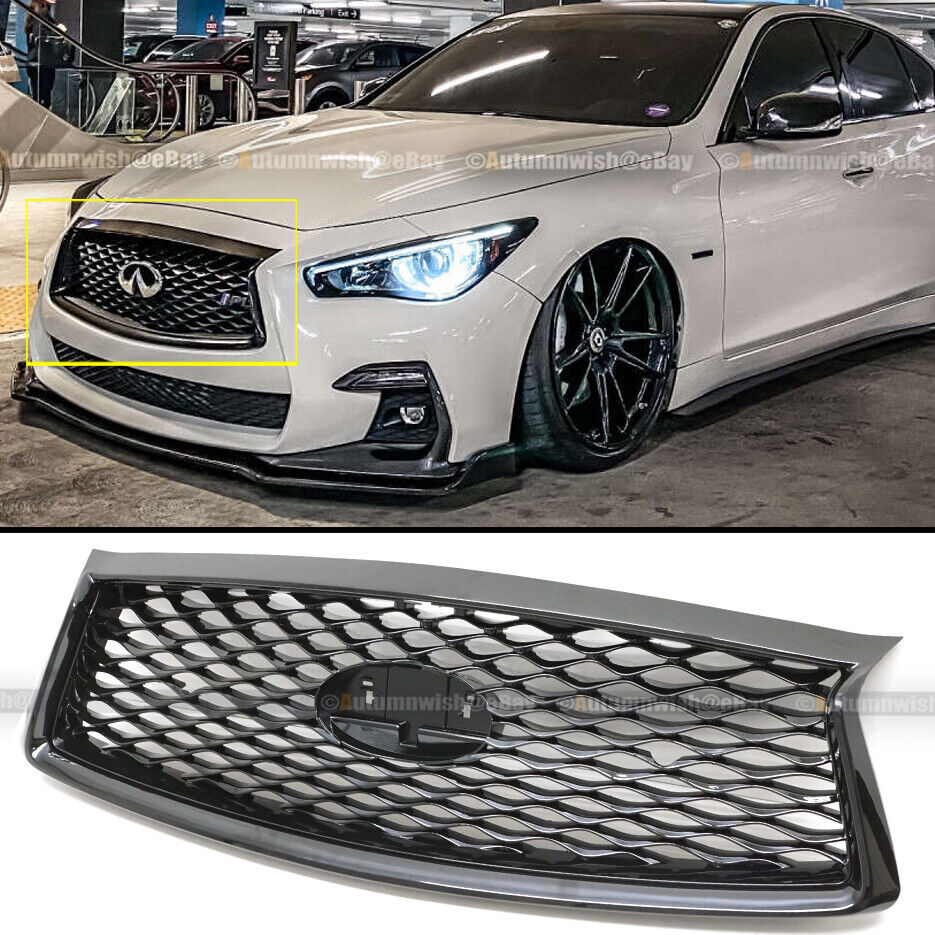 Fit 18-21 Infiniti Q50 Glossy Black JDM Front Bumper Upper Replacement Grille 