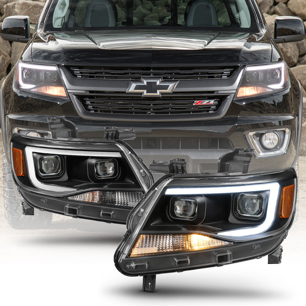 Black 2015-2019 Chevy Colorado LED Tube DRL Dual Projector Headlights Headlamps