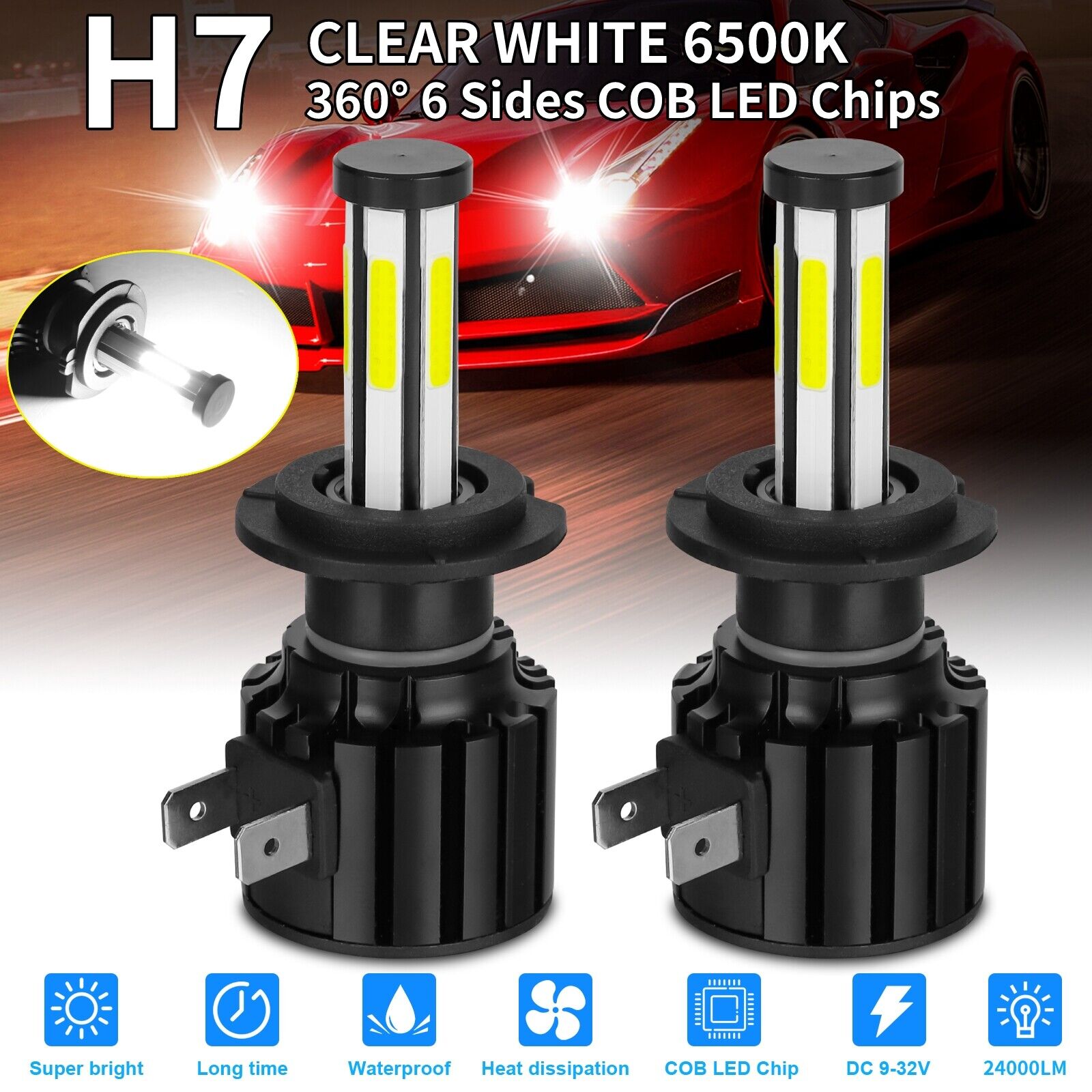 2x 360° 6-Sides H7 LED Headlight Bulb Kit High Low Beam Super Bright 6500K White