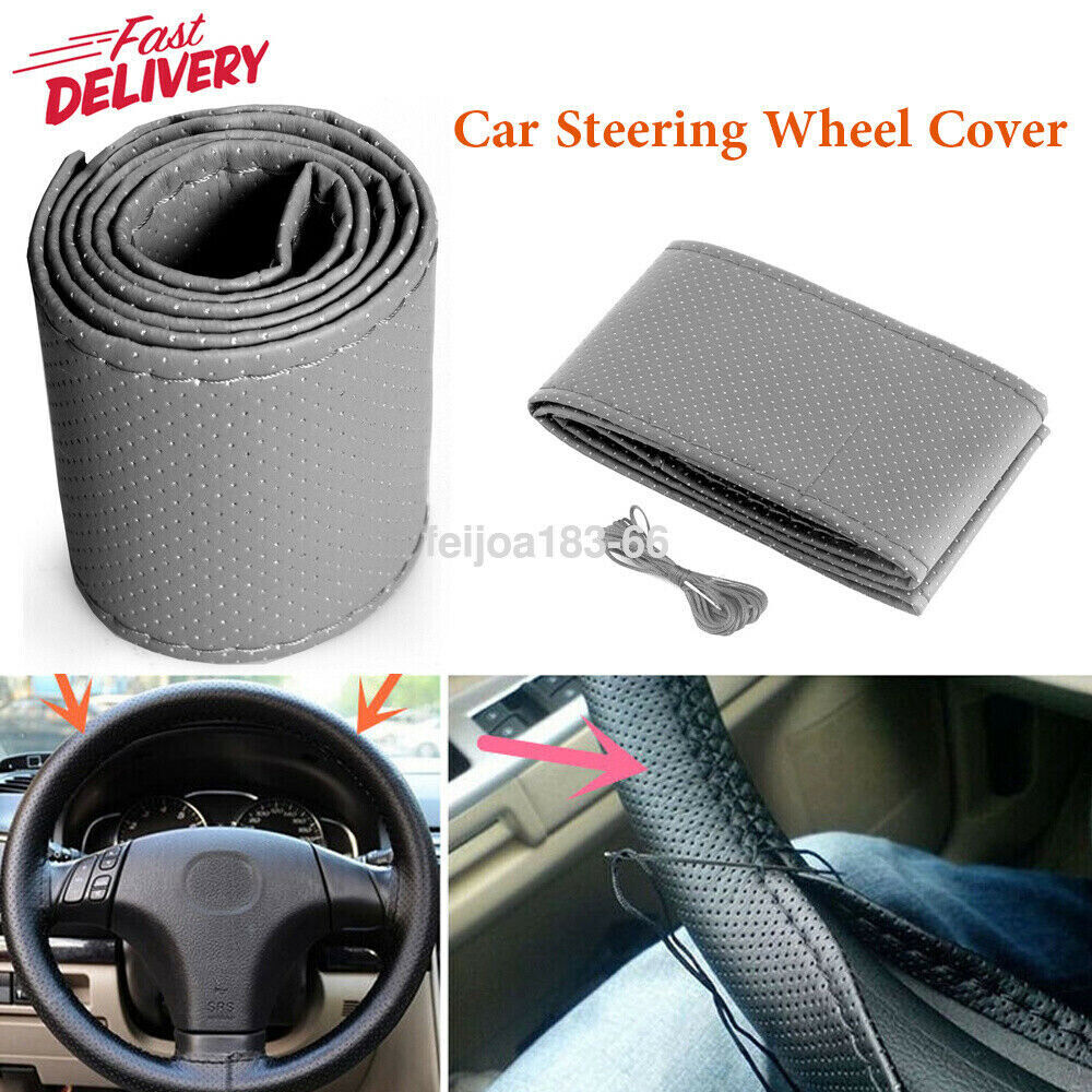 DIY Car Truck Leather Steering Wheel Cover With Needles and Thread Gray