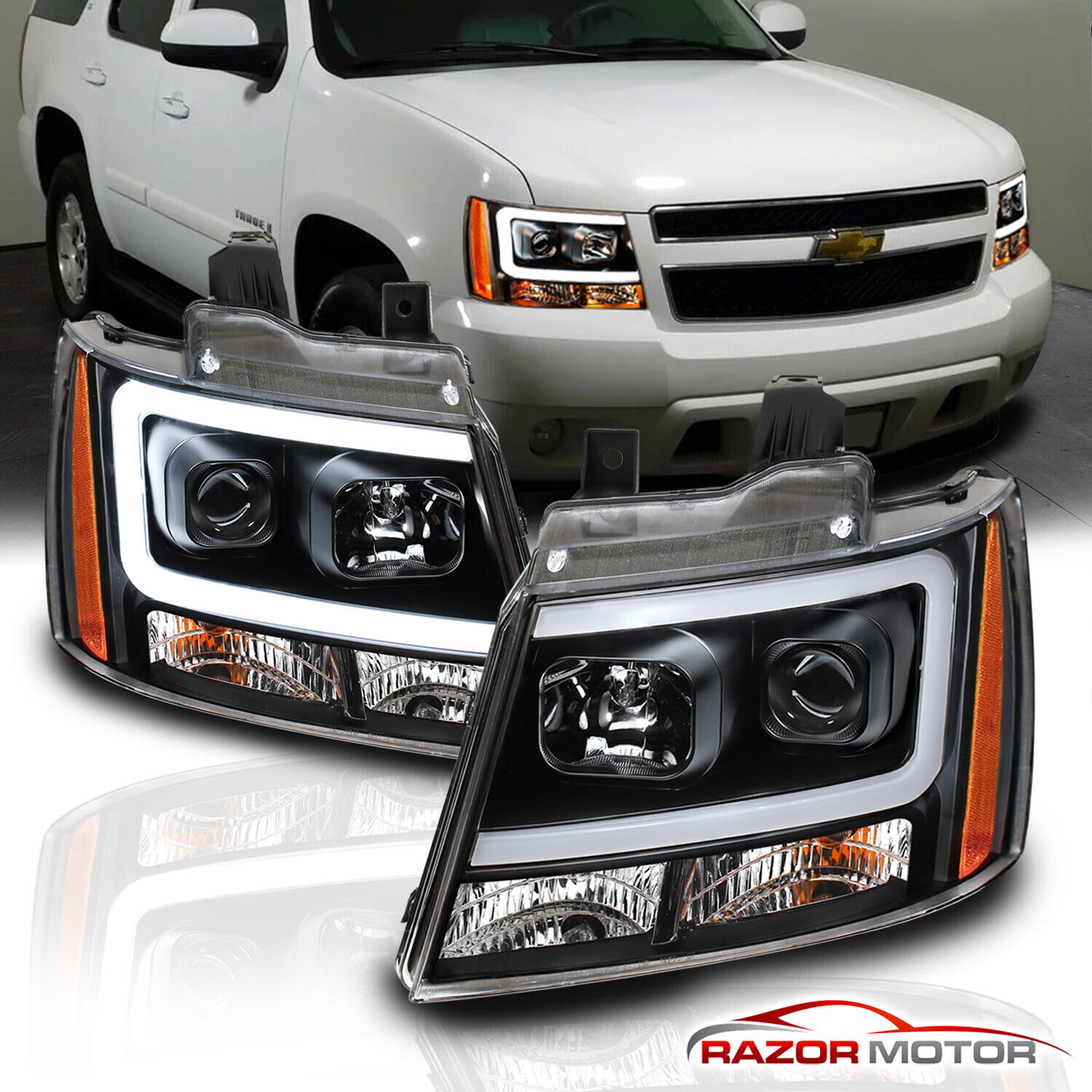 For 07-14 Chevy Suburban/Tahoe/Avalanche Black LED Bar Projector Headlights Pair