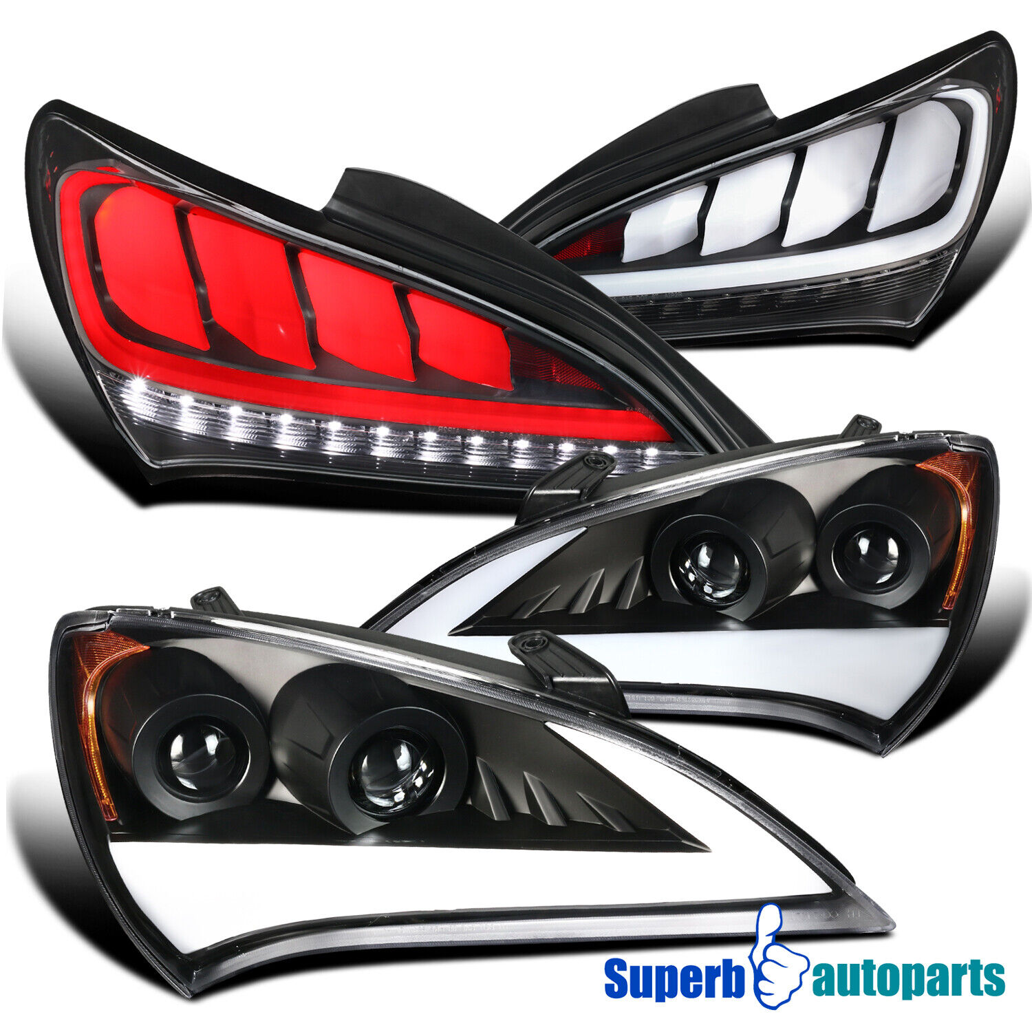 Fits 2010-2012 Genesis Black LED Sequential Signal Projector Headlights+LED Tail