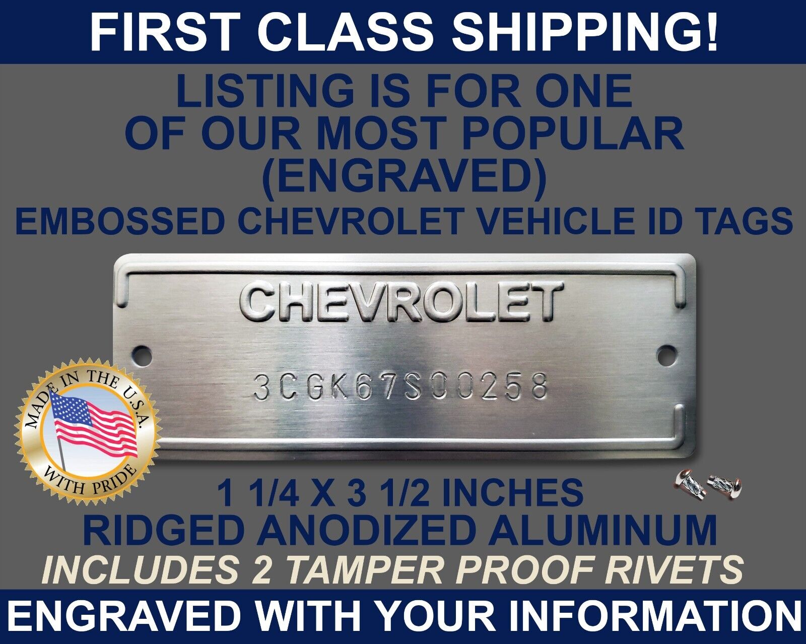 CHEVROLET CHEVY SERIAL NUMBER DOOR DATA ID TAG PLATE ENGRAVED WITH YOUR INFO USA