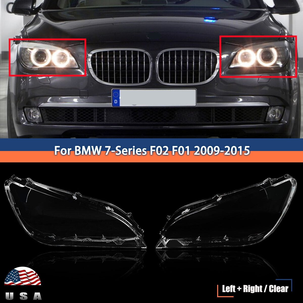 Pair Headlight Lens Cover For 2009-2015 BMW F02 F01 7 740i 740Li 750i 750Li 760i