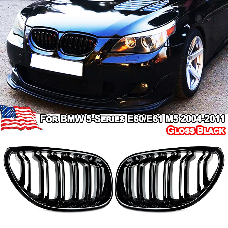 Shiny Front Kidney Grille Twin Fins Grills For BMW E60 E61 535i 540i M5 03-09