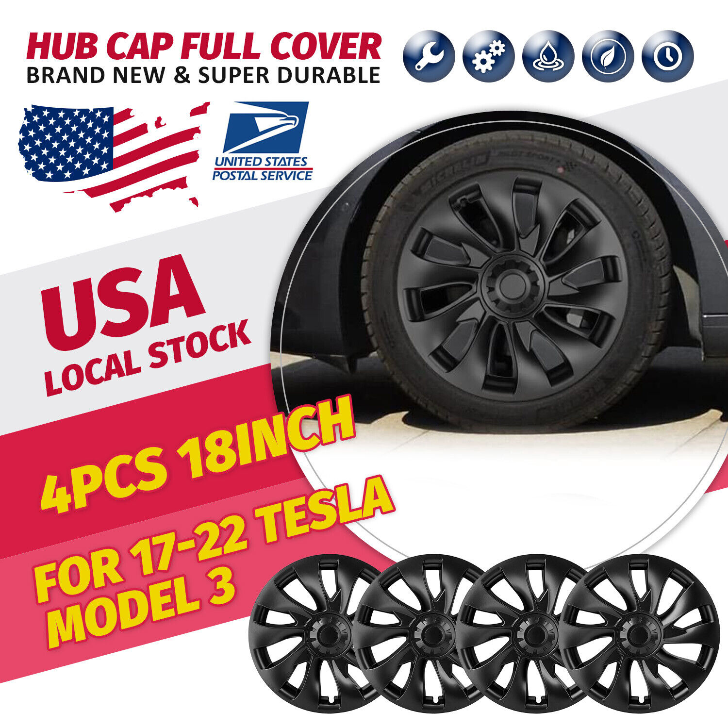 Set for Tesla Model 3 Storm Wheel Rim Cover 4PCS 18inch Hubcap Full Cover