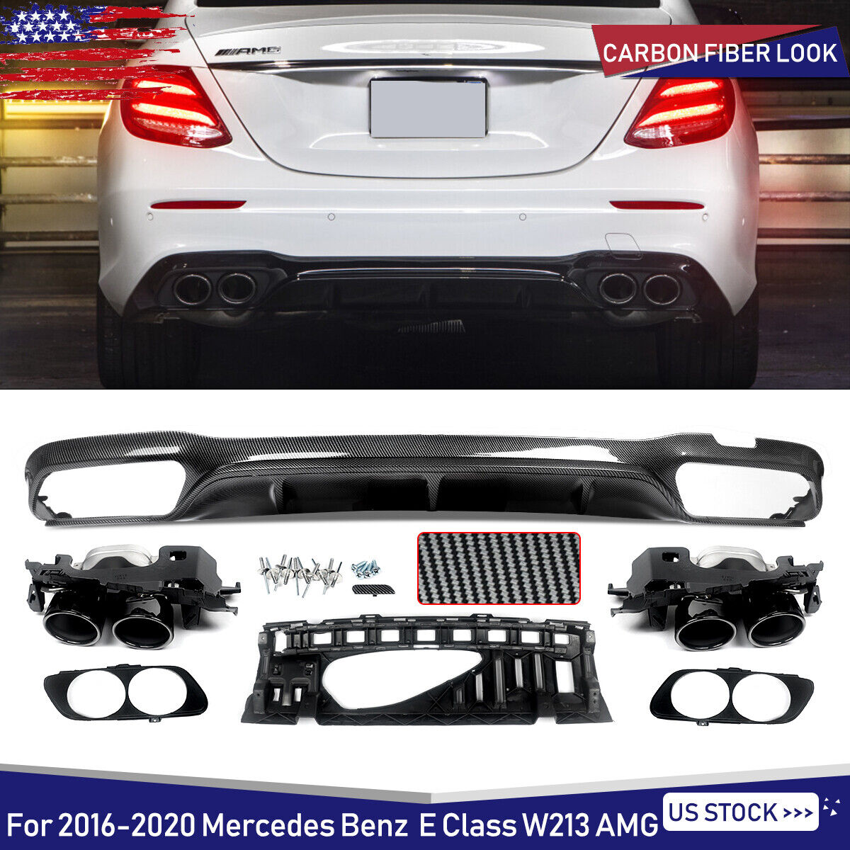 For 2016-2020 Mercedes W213 E350 E200 AMG E53 Style Rear Diffuser W/ Exhaust Tip