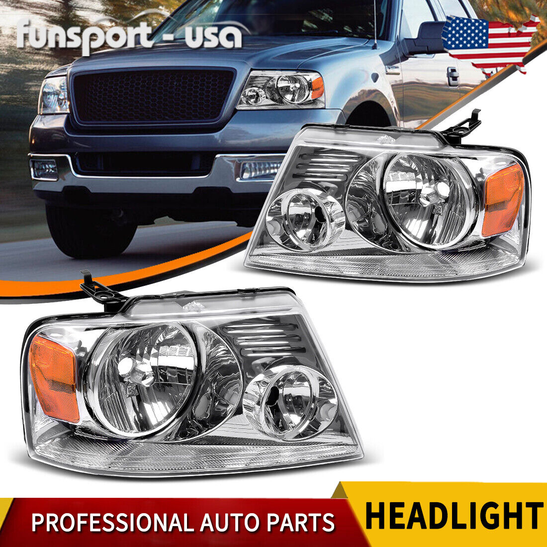For 2004-2008 Ford F150 Headlights Assembly Chrome Housing Amber reflector