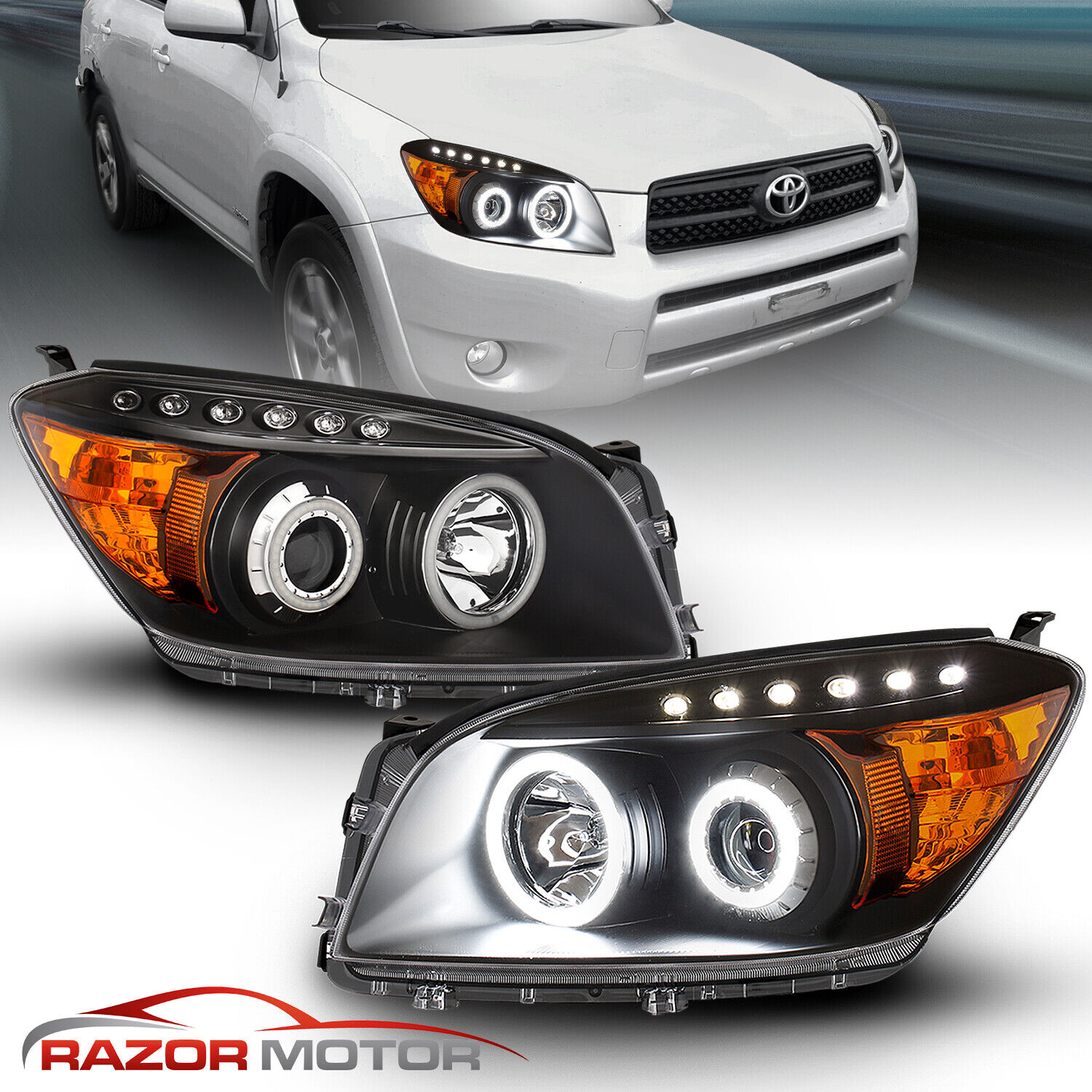 For 2006-2008 Toyota Rav4 Dual LED Halo Projector Black Headlights Pair