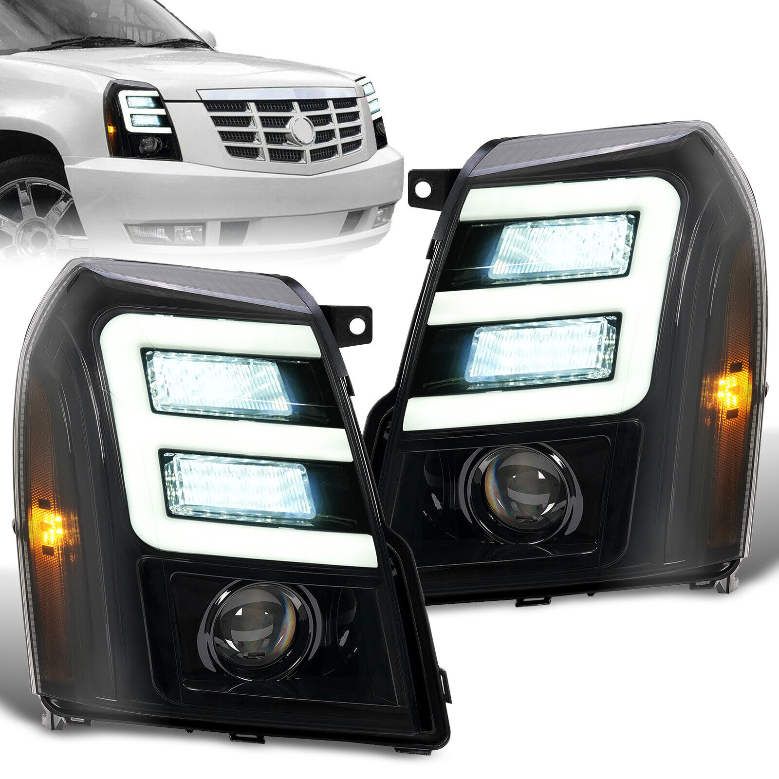 For Cadillac Escalade HID/Xenon 2007-2014 Black LED DRL Projector Headlights