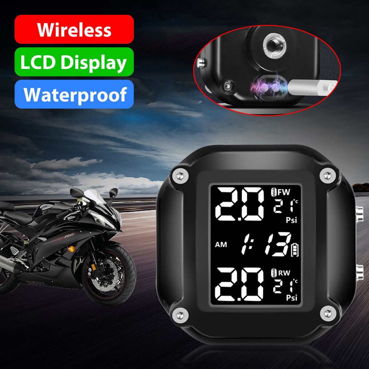 Wireless Motorcycle TPMS Tire Tyre Pressure Monitor Alarm System w/ 2 Sensors US