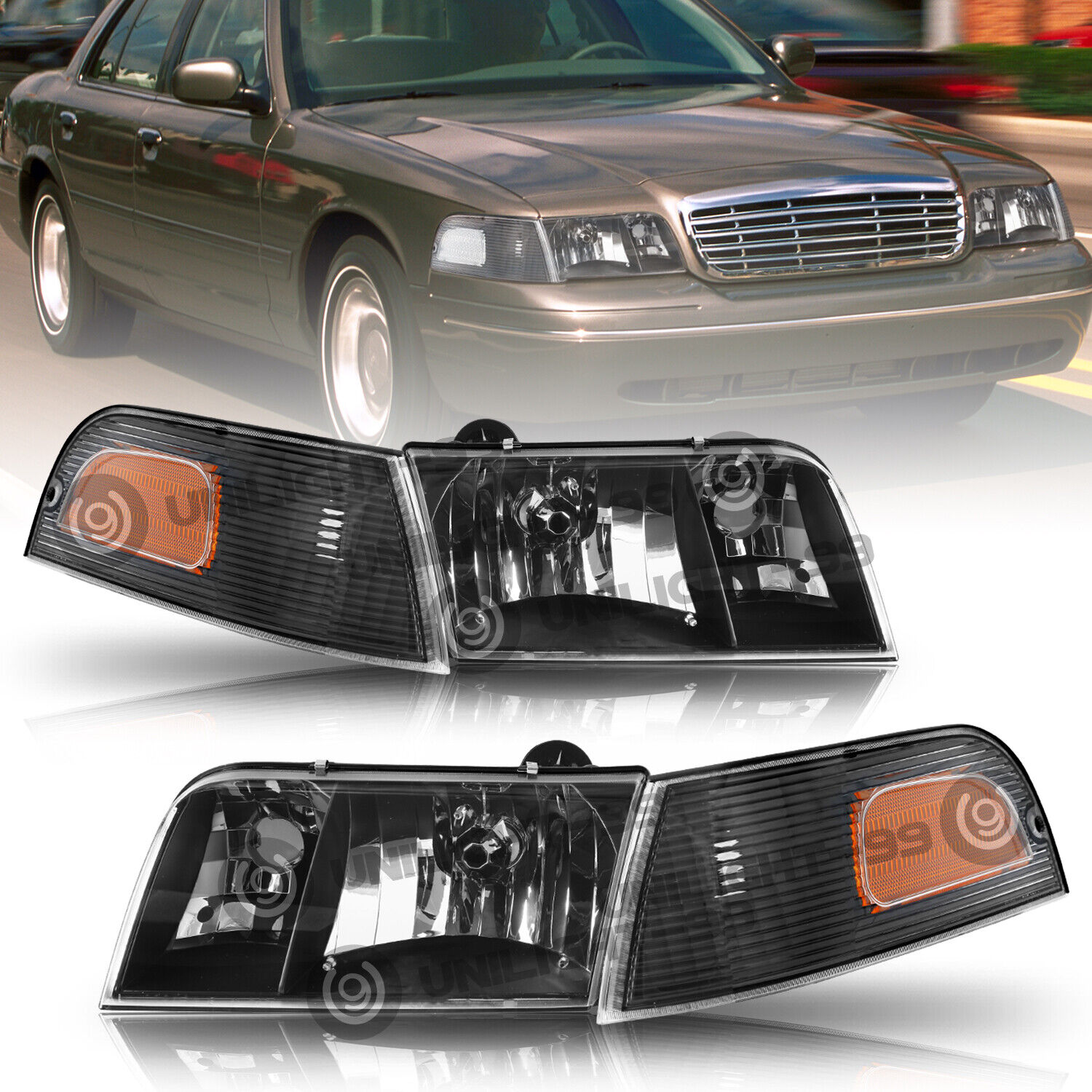 For 1998-2011 Ford Crown Victoria Black Headlights+Corner Signal Lamp Pair L+R