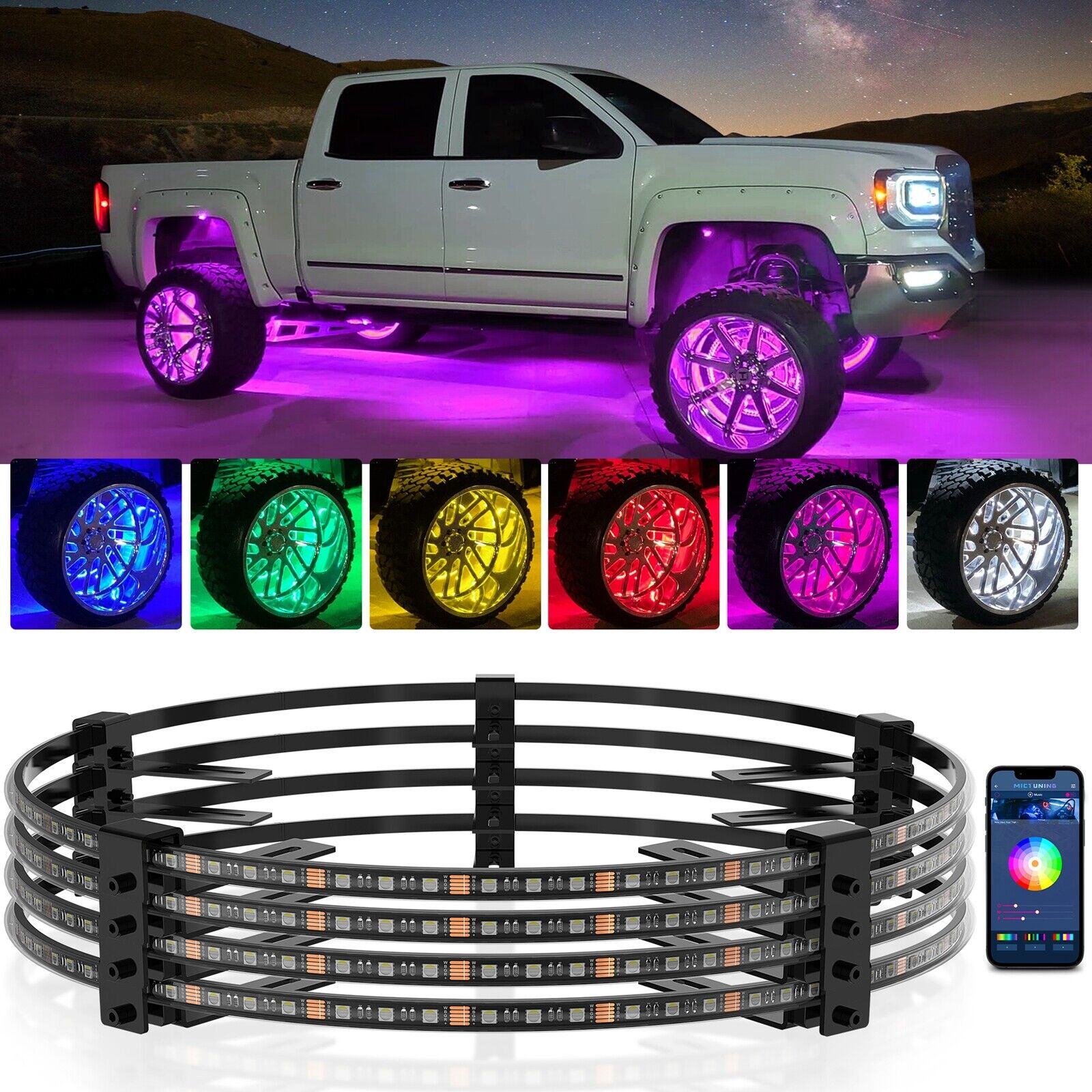MICTUNING 15.5inch V1 RGBW LED Wheel Ring Lights Kit Pure Colors Neon Wheel Rim 