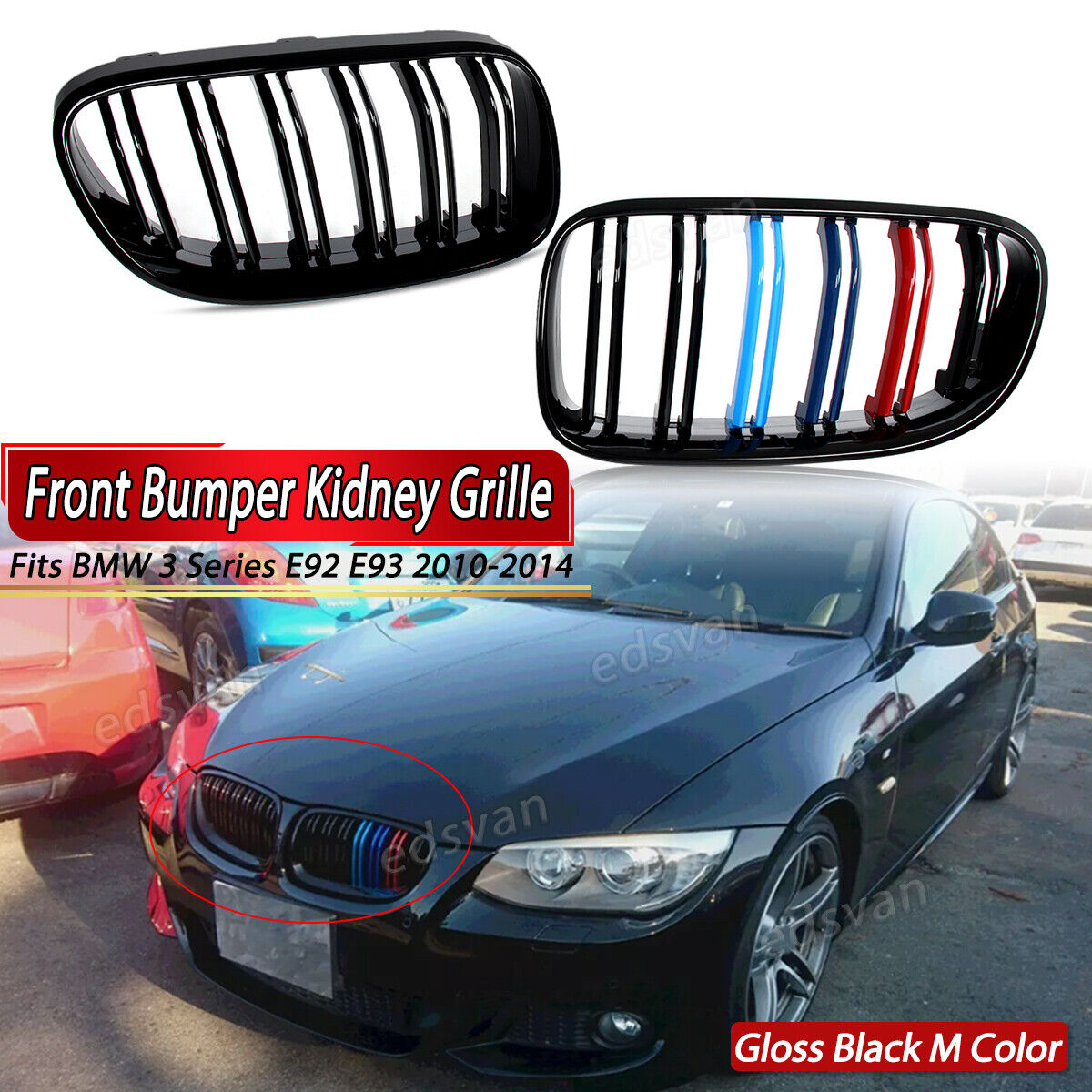 Glossy Black M-Color Front Kidney Grille For BMW E92 E93 325i 335i LCI 2010-2014