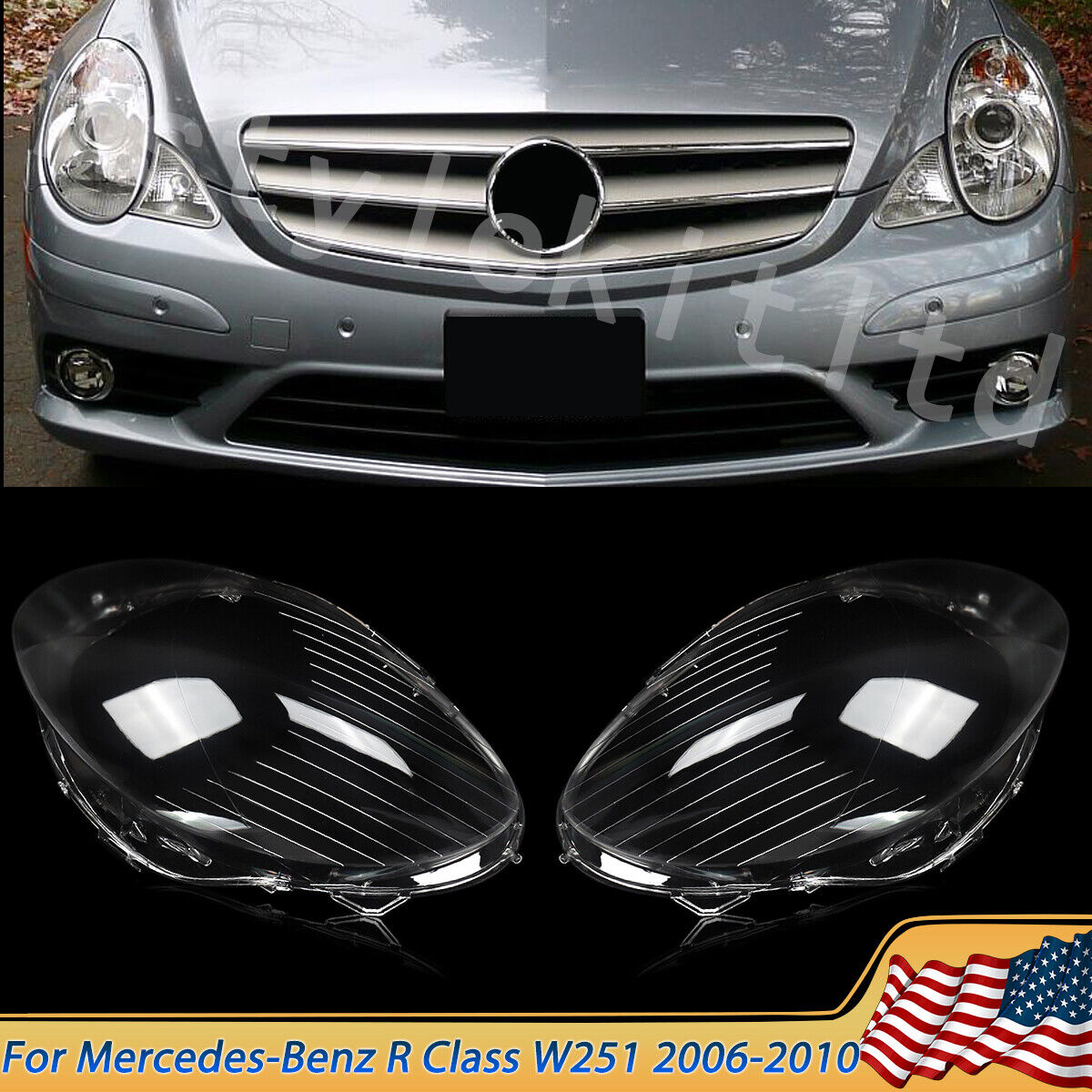 For Mercedes Benz W251 R350 R500 2006-2008 Pair LH+RH Headlight Clear Lens Cover