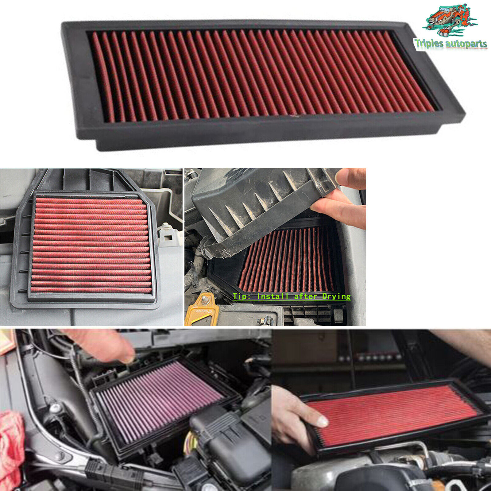 High Flow Air Filter Panel Replacemet Washable Reusable For Golf Passat GTI Red