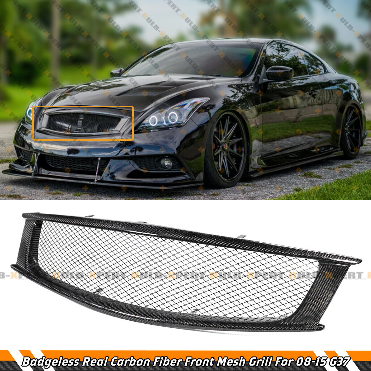 FOR 2008-15 INFINITI G37 Q60 2DR COUPE REAL CARBON FIBER FRONT MESH GRILL GRILLE