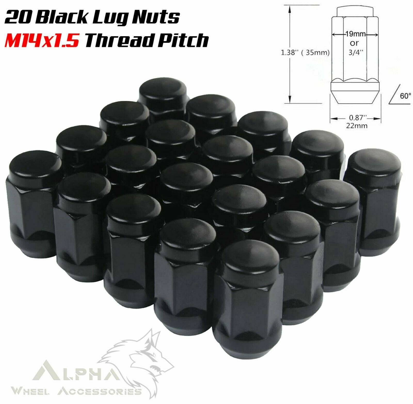 20 Black Lug Nuts 14x1.5 For 2011 and Newer Jeep Grand Cherokee SRT8 Trailhawk