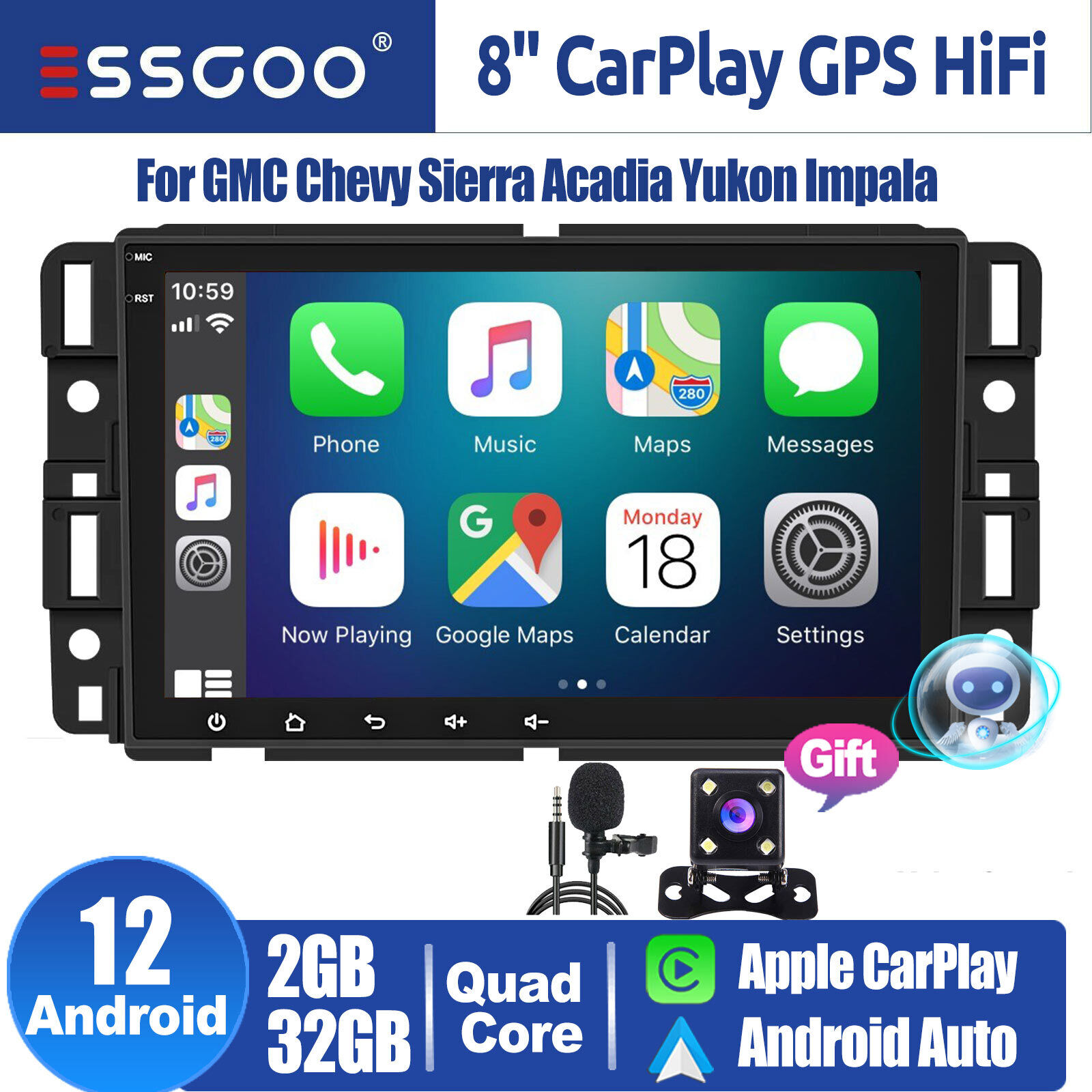 For Chevrolet Silverado GMC Sierra Android 12 Car Radio GPS Stereo Apple CarPlay