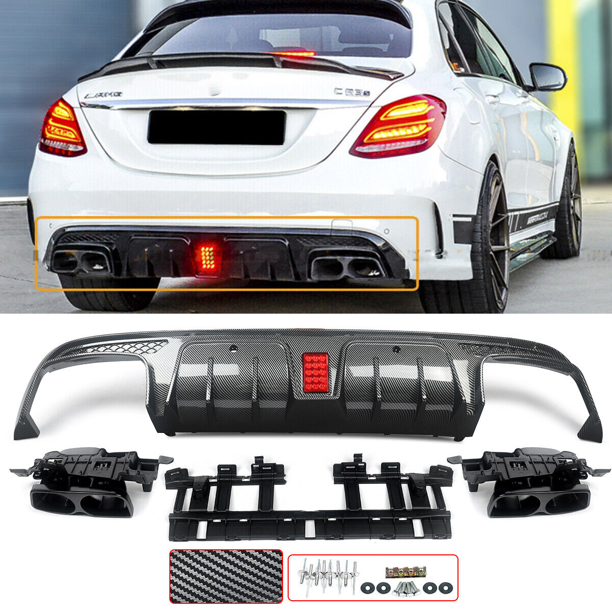FOR 15-21 BENZ W205 C63 C43 SEDAN B STYLE LED BUMPER DIFFUSER + BLK EXHAUST TIPS