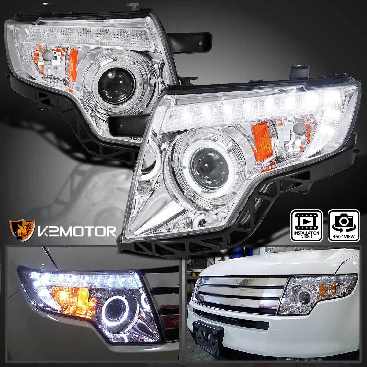 Fits 2007-2010 Ford Edge LED Strip Halo Projector Headlights Lamps Left+Right
