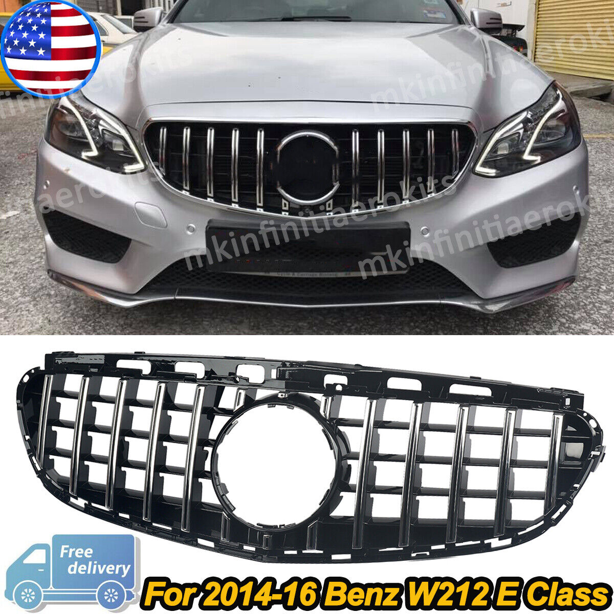 Chrome+Black GT Style Front Grille Grille For 2014-2016 Mercedes W212 E300 E350