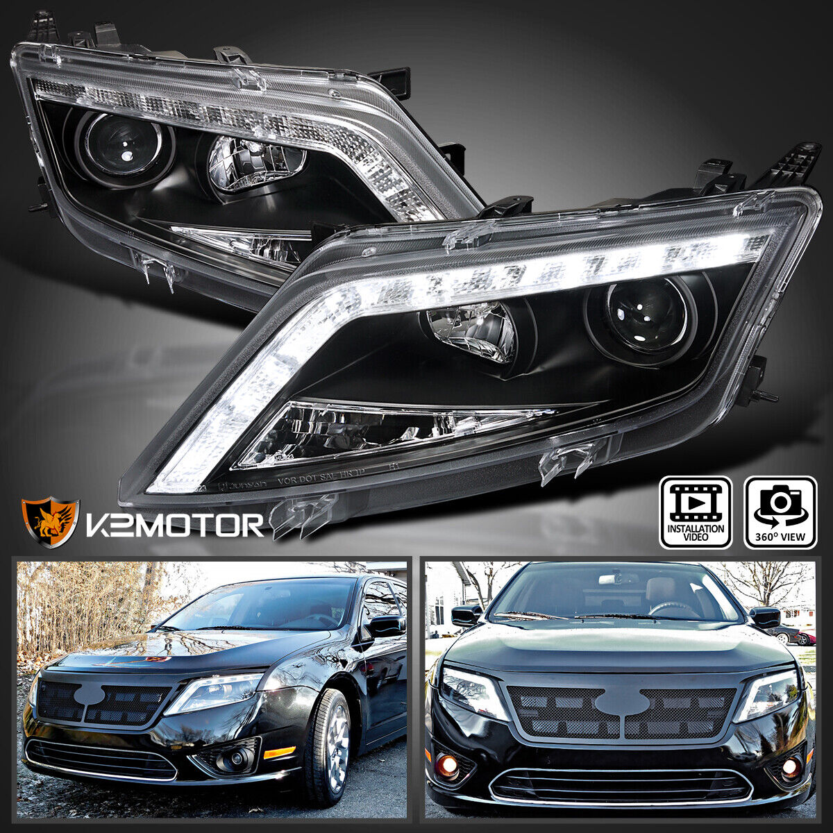Fits Black 2010-2012 Ford Fusion LED Strip Projector Headlights Head Lamps Pair