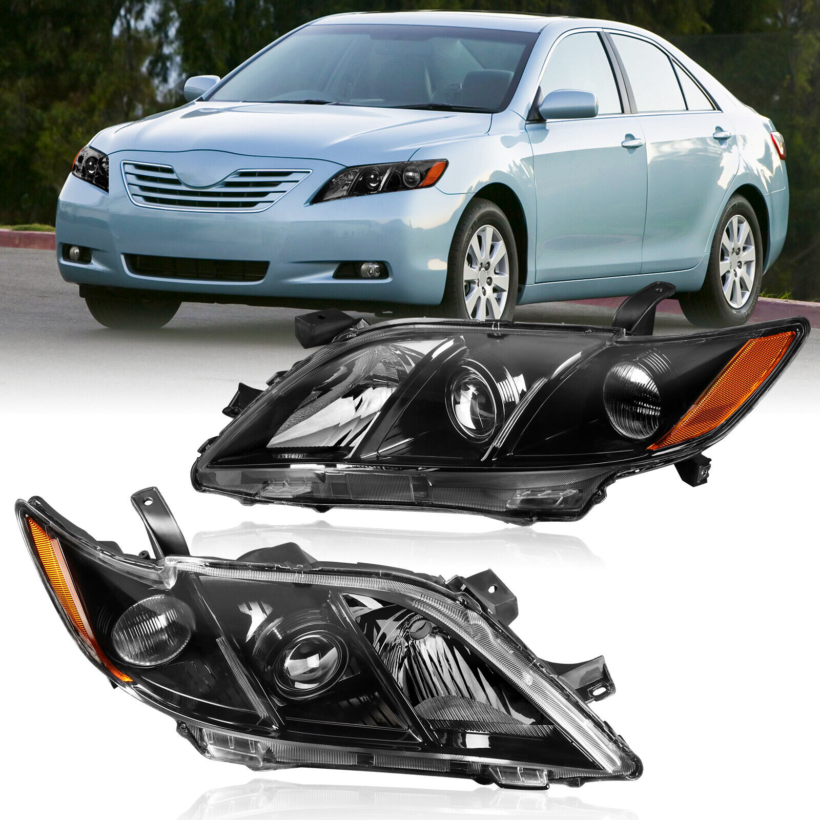 Pair Front Black Projector Headlights Lamps For 2007 2008 2009 Toyota Camry SE
