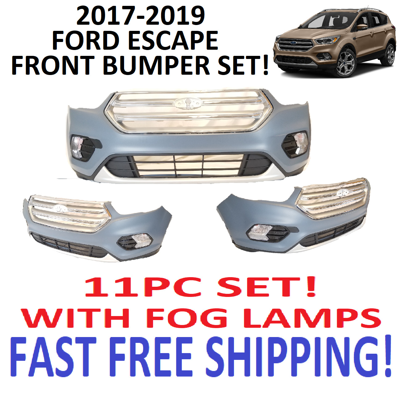 2017 2018 2019 FORD Escape Front Bumper Cover with grills and fog lamps NEW