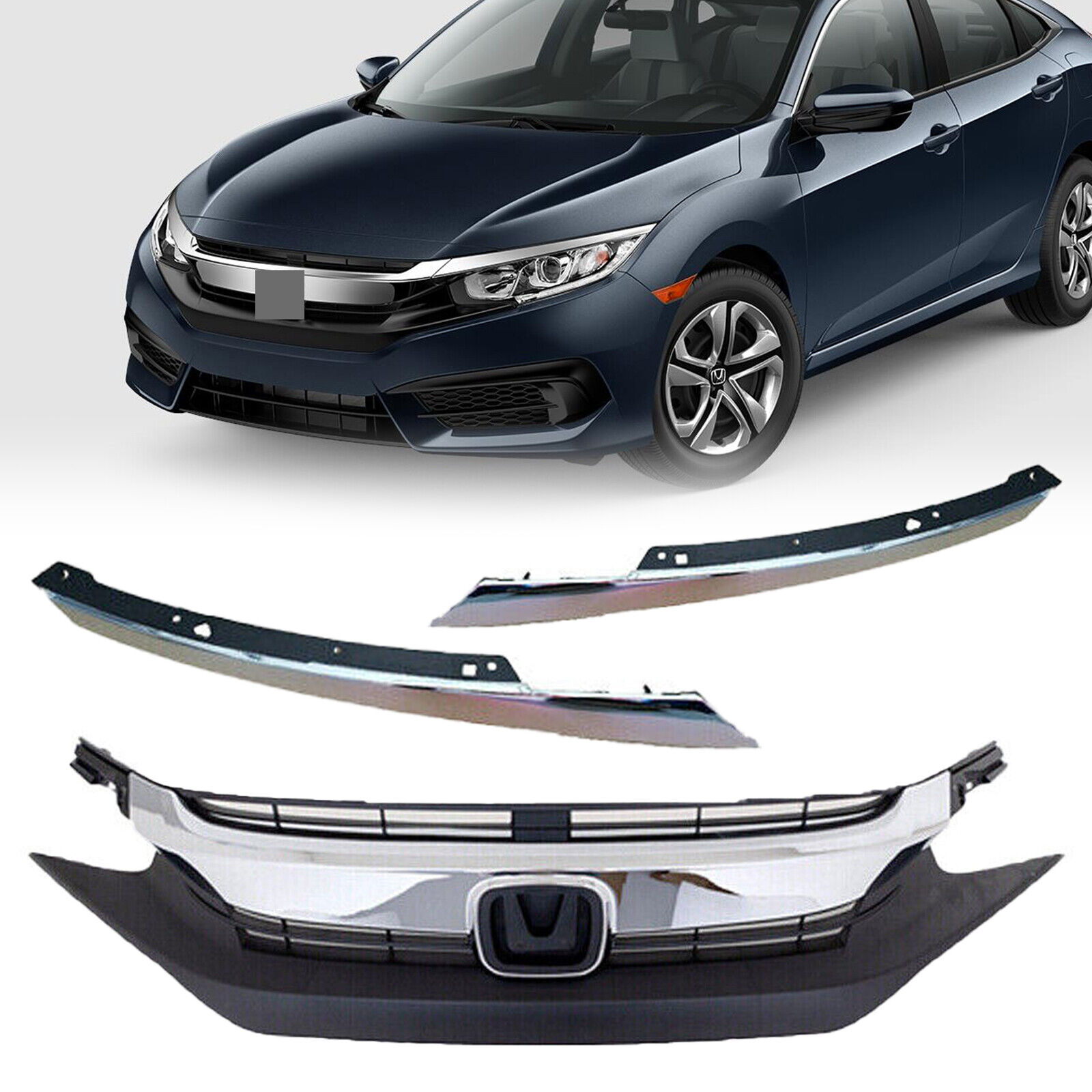 Fit 2016 2017 2018 Honda Civic Front Upper Grille Grill W/Chrome Eyelid Molding