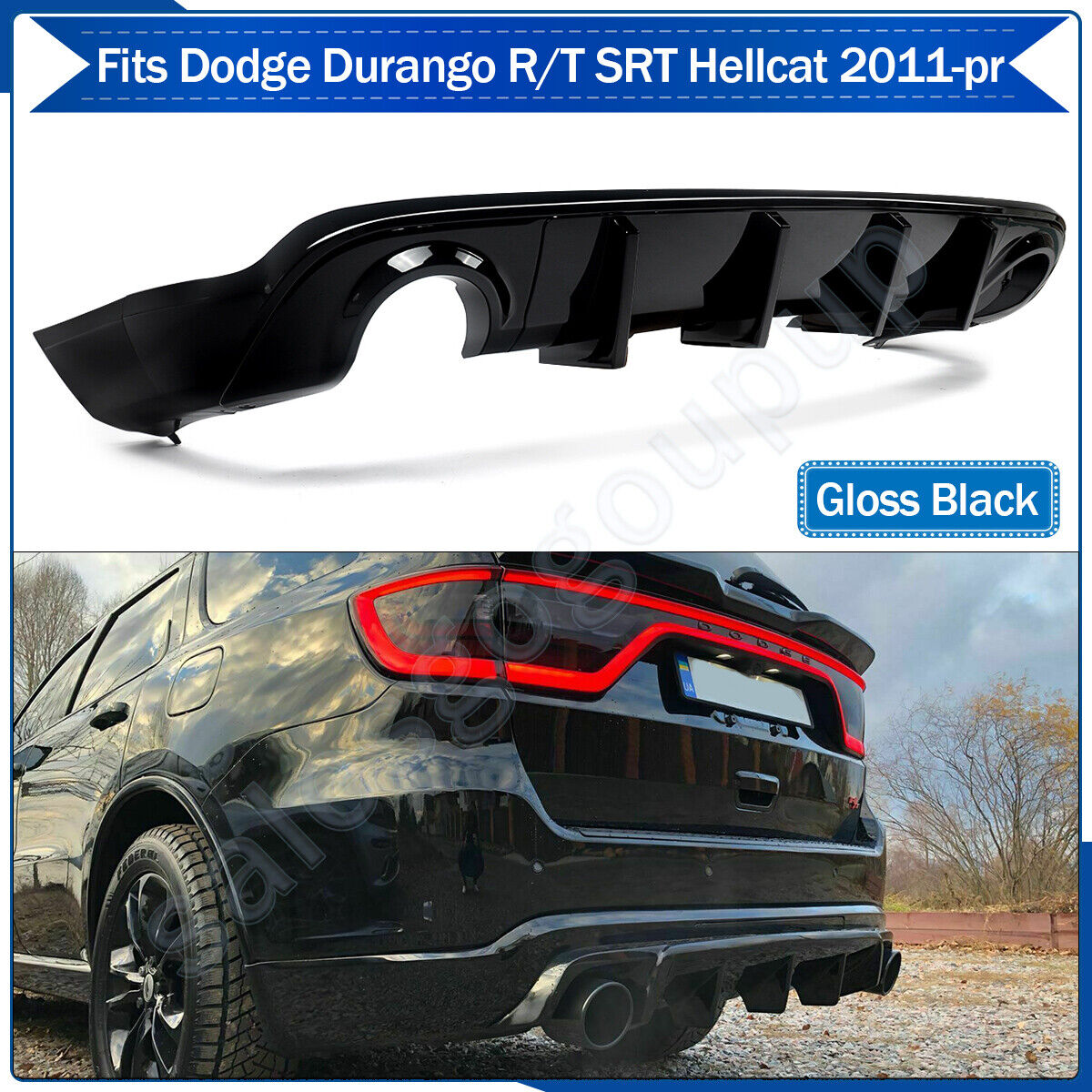 Fits 2011-22 Dodge Durango R/T SRT Rear Bumper Diffuser Dual Exhaust Gloss Black