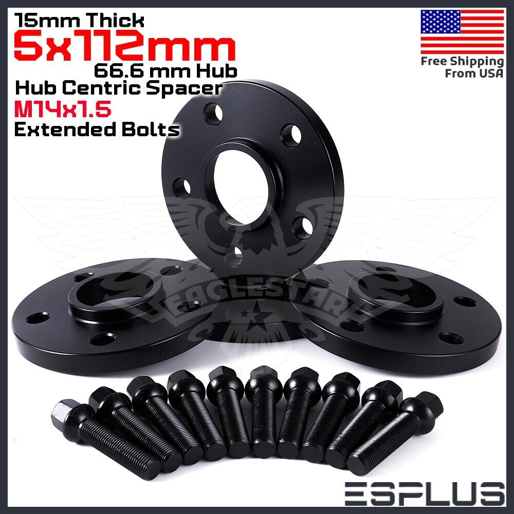 [4] 15mm Thick Mercedes 5x112mm CB 66.6 Wheel Spacer Kit 14x1.5 Bolts Included