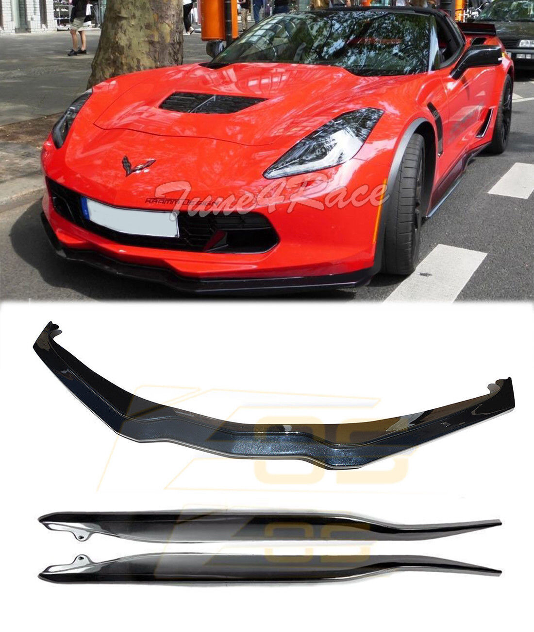 For 14-Up Corvette C7 Z06 Stage 2 Front Lip & Side Skirts CARBON FLASH Painted