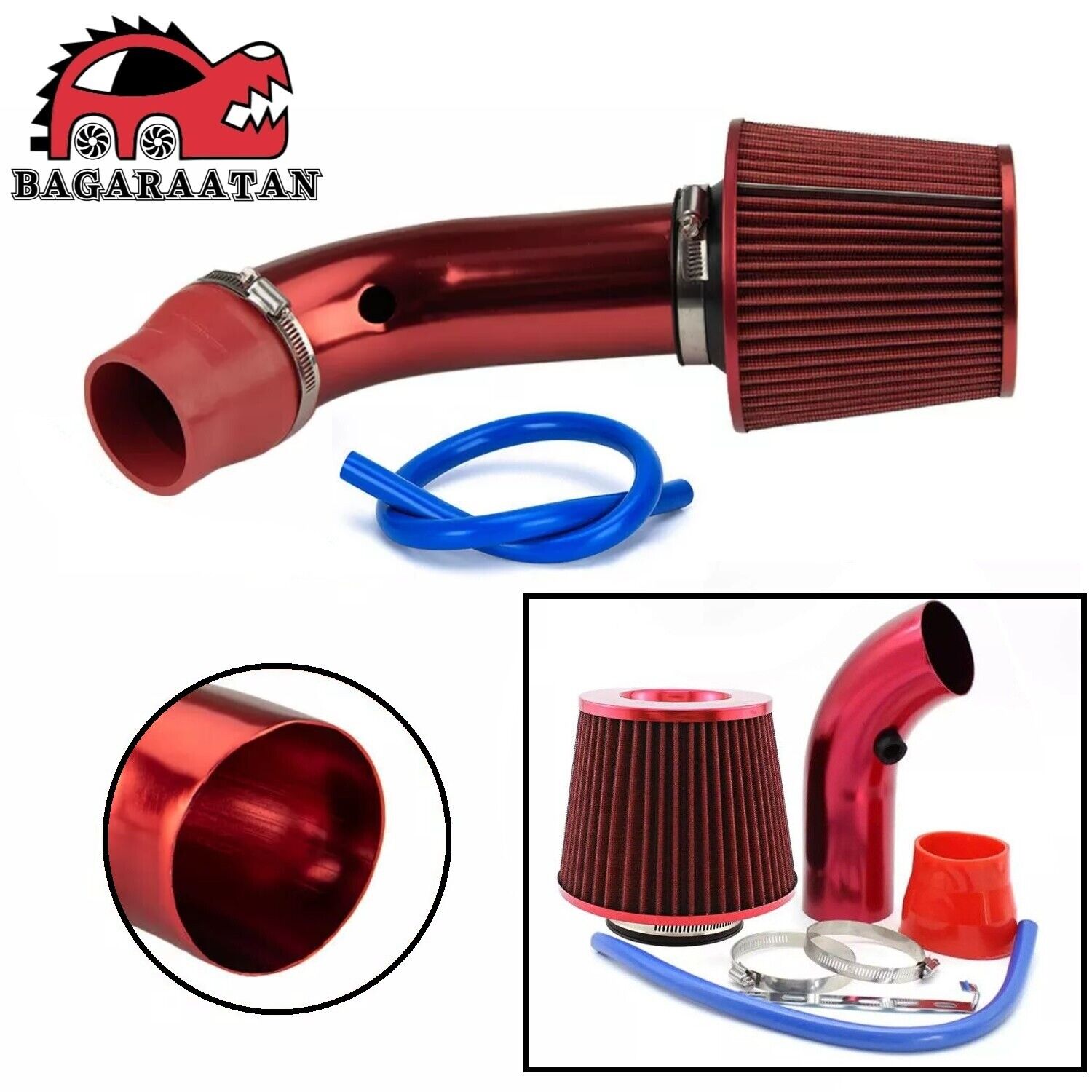 3'' Universal Car Cold Air Intake Filter Induction Kit Aluminum Hose Pipe Red
